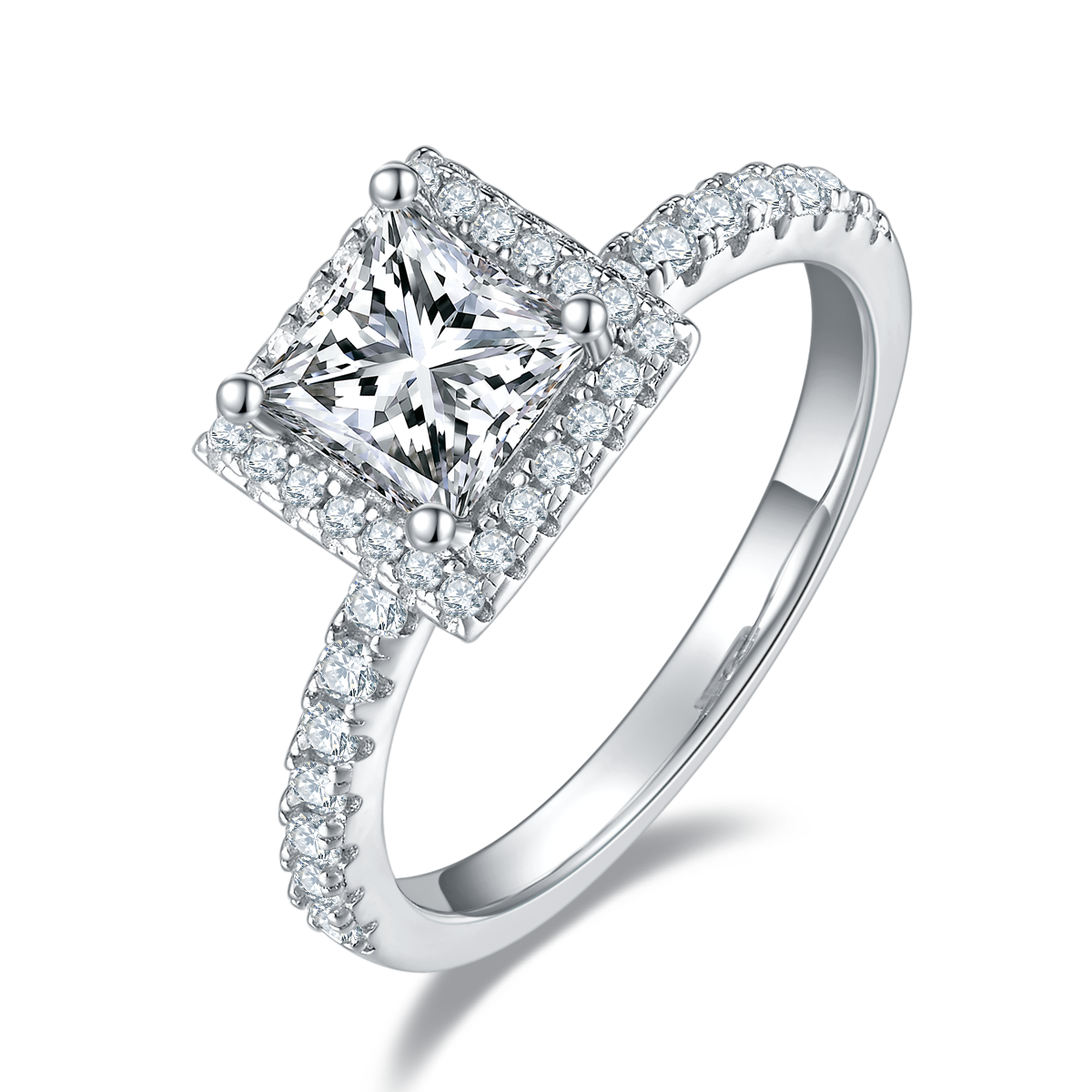 1ct princess cut moissanite halo engagement ring in sterling silver with pavé band by Cassim & Co.