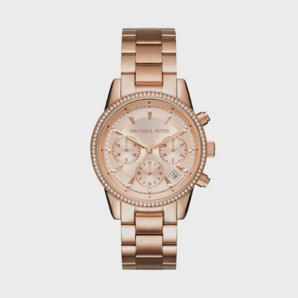Michael Kors Ritz MK6357 rose gold chronograph watch with crystal bezel and steel bracelet