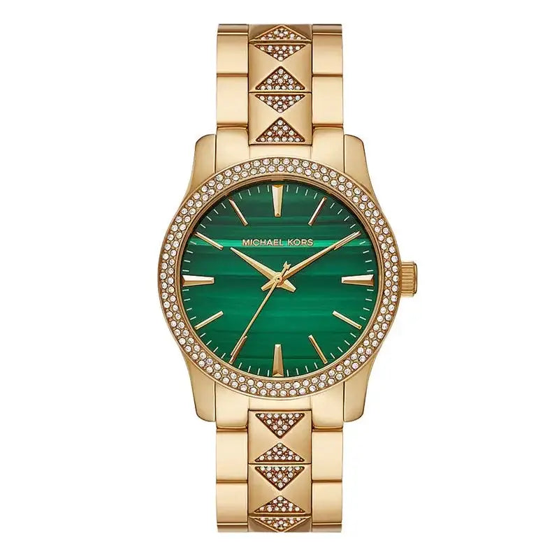 Michael Kors Runway MK7390 38mm green malachite dial gold-tone steel bracelet watch with pavé crystal bezel