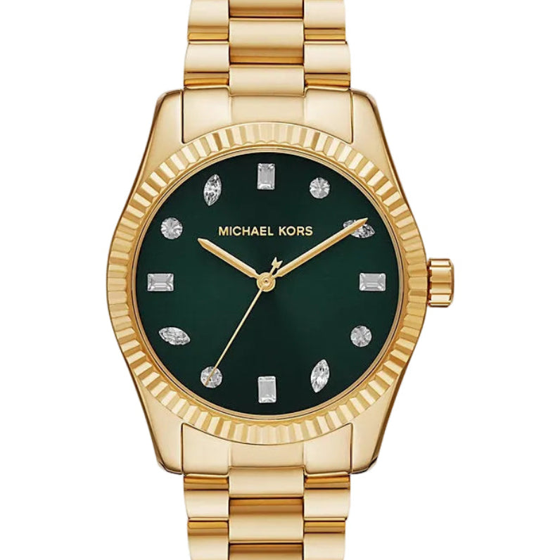 Michael Kors Lexington MK7449 green dial gold-tone steel bracelet watch with crystal markers