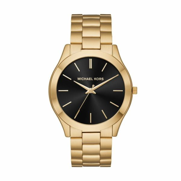 Michael Kors Slim Runway MK8621 44mm black sunray dial gold-tone steel bracelet watch