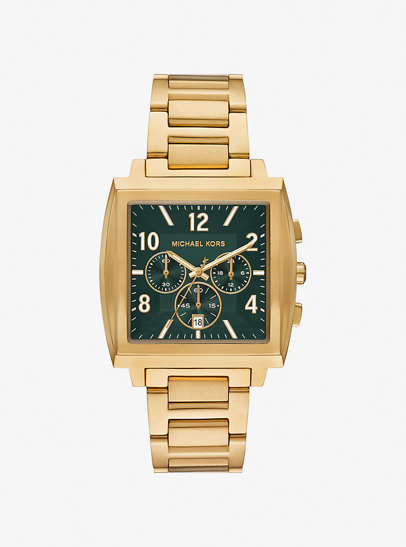 Michael Kors Rhys MK9229 gold-tone chronograph watch with forest green dial and square stainless steel case on integrated bracelet