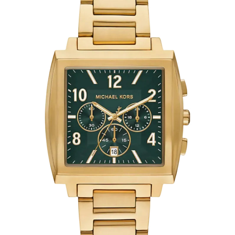 Michael Kors Rhys MK9229 gold-tone chronograph watch with forest green dial and square stainless steel case on integrated bracelet