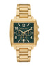 Michael Kors Rhys MK9229 gold-tone chronograph watch with forest green dial and square stainless steel case on integrated bracelet