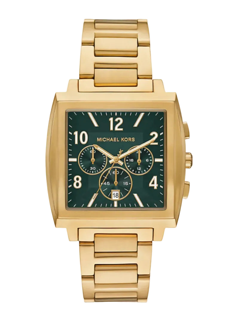Michael Kors Rhys MK9229 gold-tone chronograph watch with forest green dial and square stainless steel case on integrated bracelet