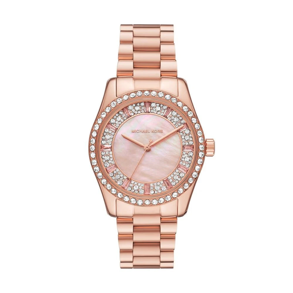 Michael Kors Lexington MK7444 rose gold-tone quartz watch with pink mother-of-pearl dial, crystal-set bezel, and stainless steel bracelet