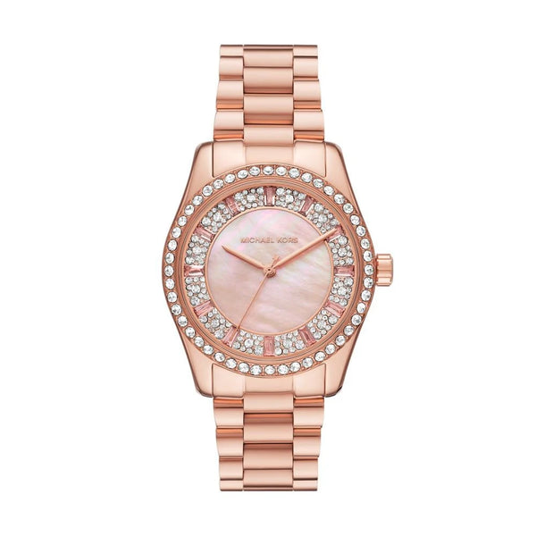 Michael Kors Lexington MK7444 rose gold-tone quartz watch with pink mother-of-pearl dial, crystal-set bezel, and stainless steel bracelet