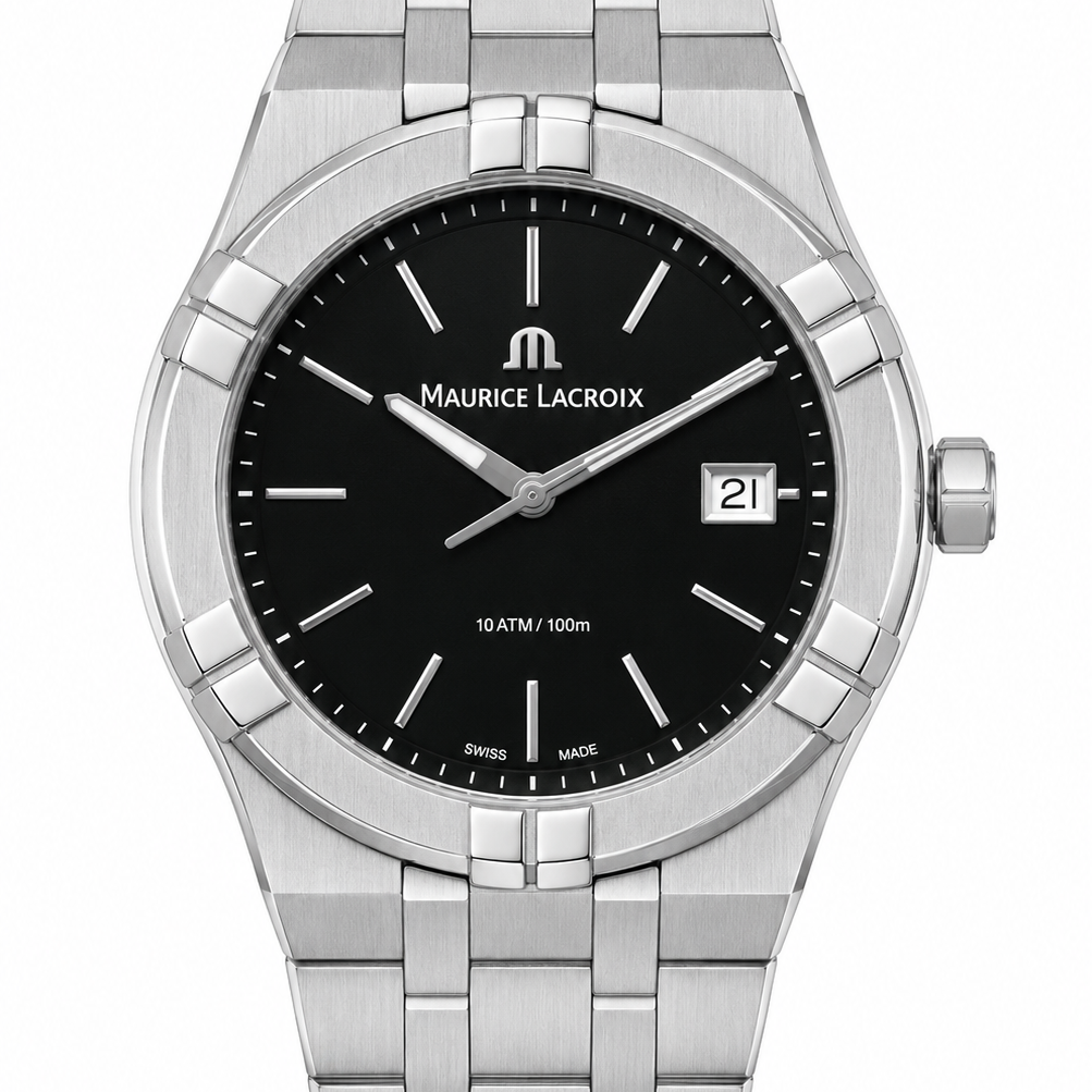 Maurice Lacroix Aikon 40 mm stainless steel case with geometric bezel and black dial