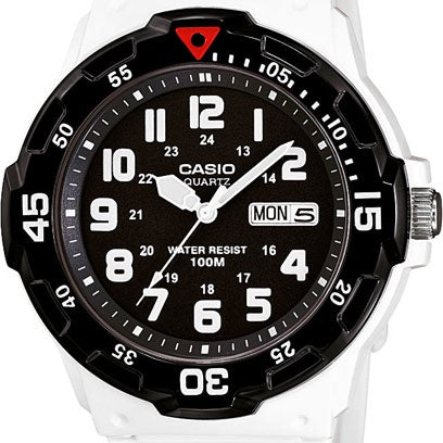 Casio MRW-200HC-7BVDF diver watch with black dial, white resin case and bracelet, rotating bezel, and luminous hands