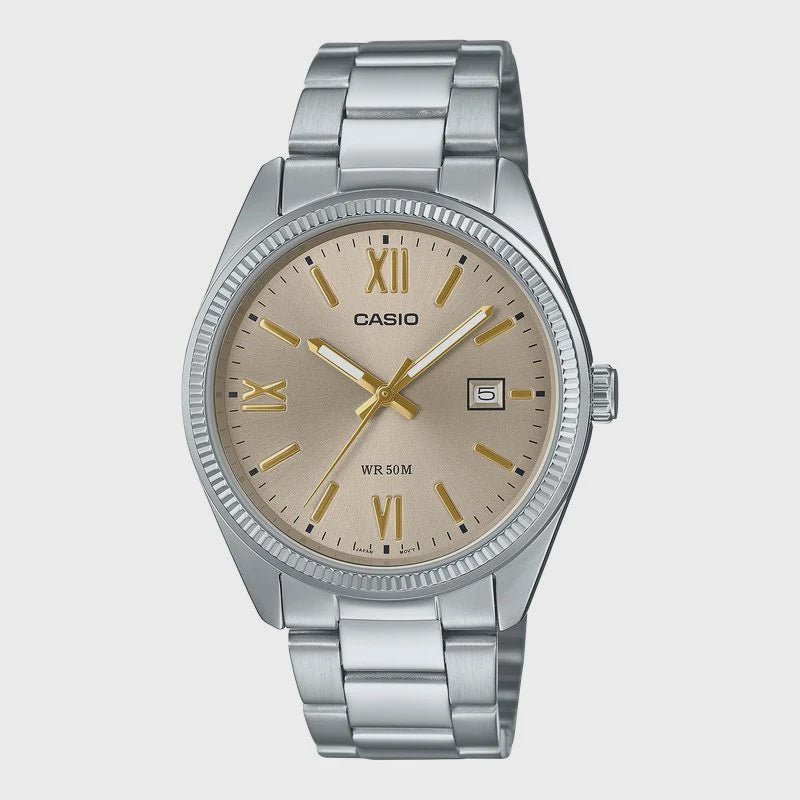 Casio MTP-1302DD-9AVDF quartz watch with champagne sunray dial, gold-tone Roman numerals, date window and stainless steel bracelet