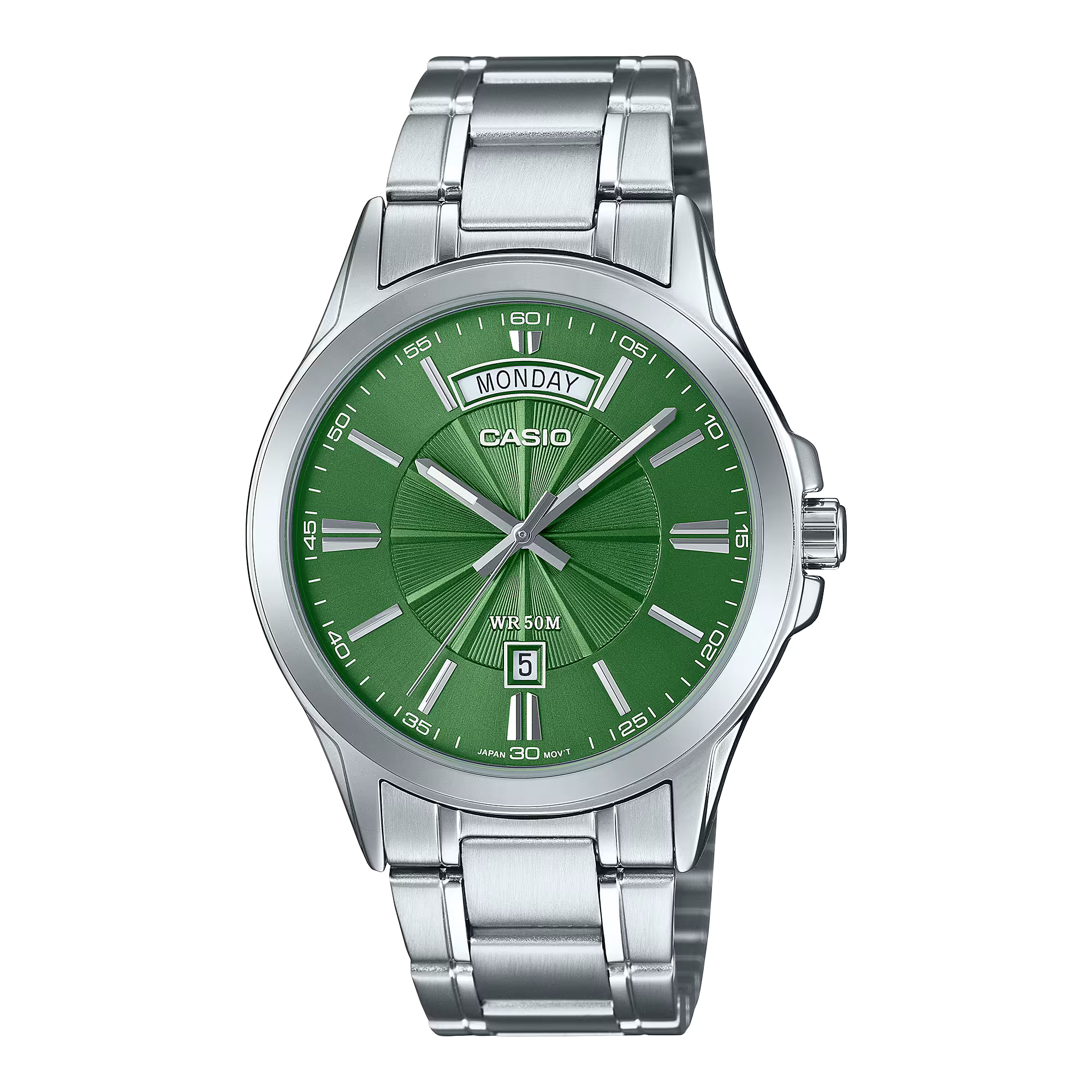 Casio MTP-1381D-3AVDF quartz watch with green sunray dial, day-date display, and stainless steel bracelet