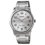 Casio MTP-V001D-7BUDF front view showing silver sunray dial and Arabic numerals