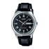 Casio MTP-V006L-1BUDF quartz watch with black Roman numeral dial, day-date display, stainless steel case and black leather strap