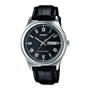Casio MTP-V006L-1BUDF quartz watch with black Roman numeral dial, day-date display, stainless steel case and black leather strap