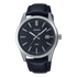 Casio MTP-VD03L-1AUDF quartz watch with black checkerboard dial, stainless steel case, and black leather strap on white background