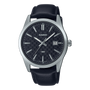 Casio MTP-VD03L-1AUDF quartz watch with black checkerboard dial, stainless steel case, and black leather strap on white background