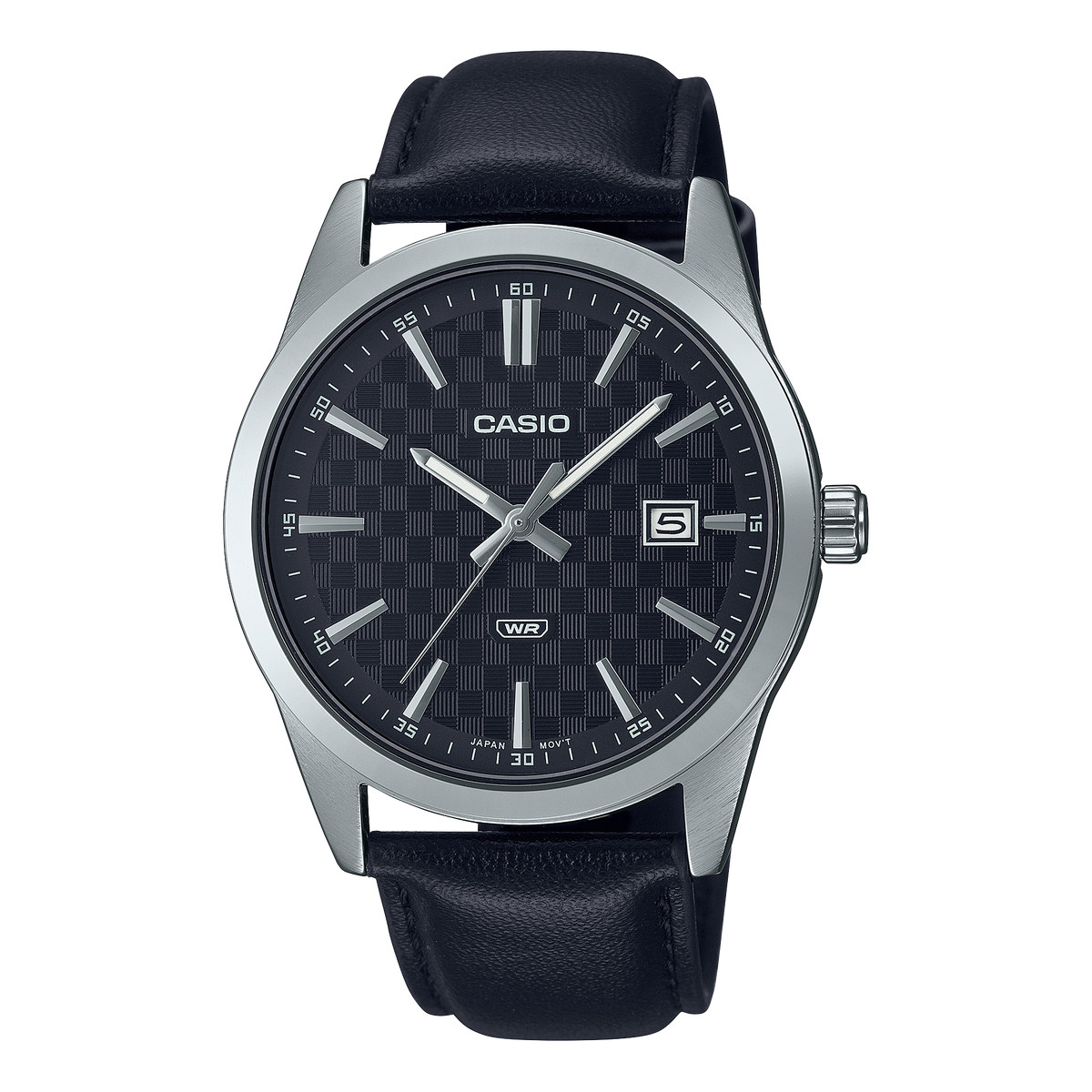 Casio MTP-VD03L-1AUDF quartz watch with black checkerboard dial, stainless steel case, and black leather strap on white background