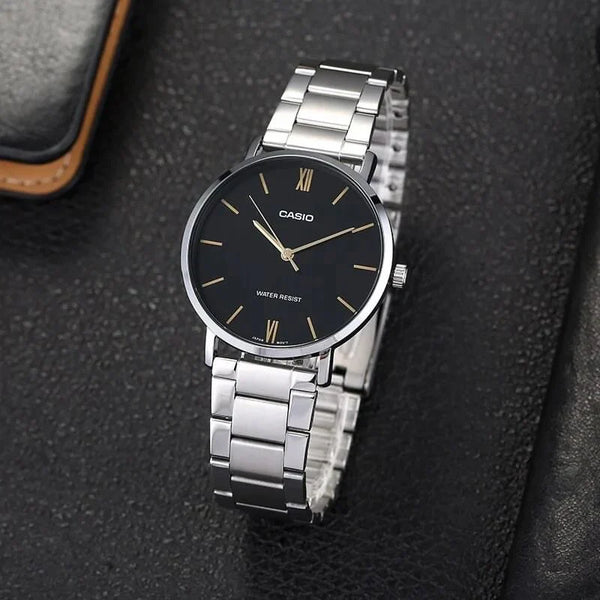 Casio MTP-VT01D-1B Quartz Black Dial Gold Index Stainless Steel Watch