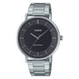 Casio MTP-VT04D quartz watch with 40mm stainless steel case, minimalist black dial, silver-tone baton markers and polished stainless steel bracelet