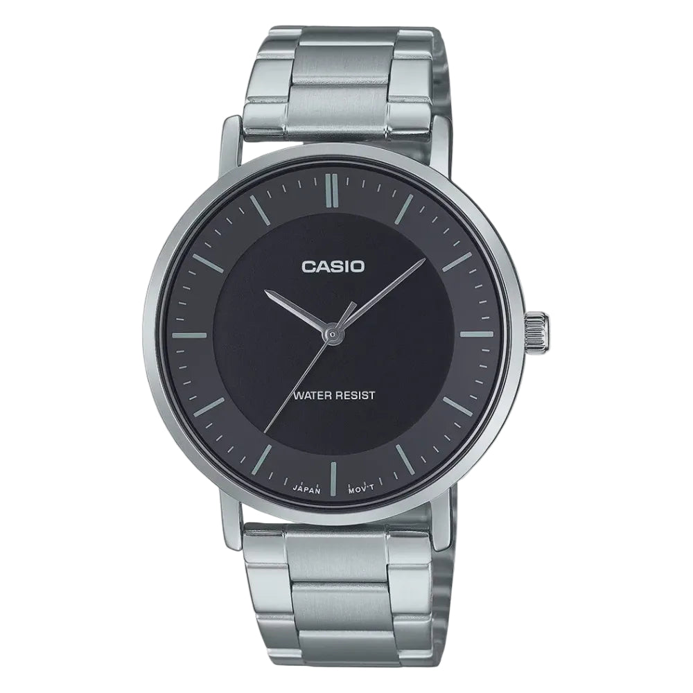 Casio MTP-VT04D quartz watch with 40mm stainless steel case, minimalist black dial, silver-tone baton markers and polished stainless steel bracelet