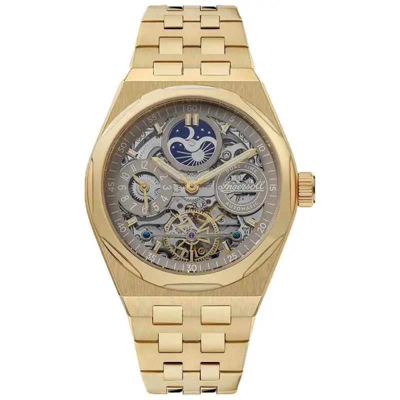 Ingersoll The Broadway I12902 automatic skeleton watch with gold PVD case, moon phase complication and stainless steel bracelet