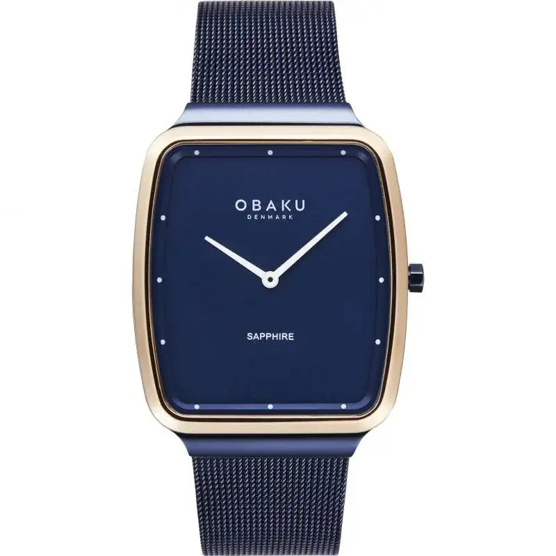 Obaku V267GXSLML Tern Ocean quartz watch with blue dial, tonneau case, and blue stainless steel mesh bracelet