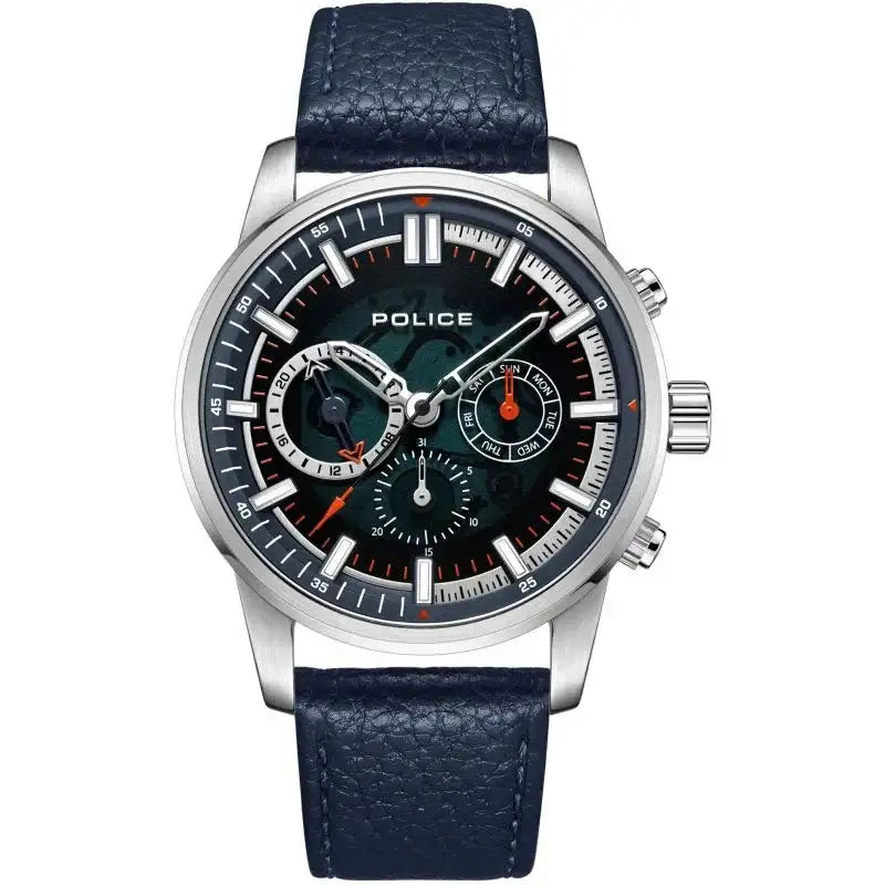 Orologio Uomo Police GREENLANDE PEWJF2227002 - Cassa 46mm, Cinturino In Pelle Blu, Quarzo Multifunzione, Impermeabile 5 ATM