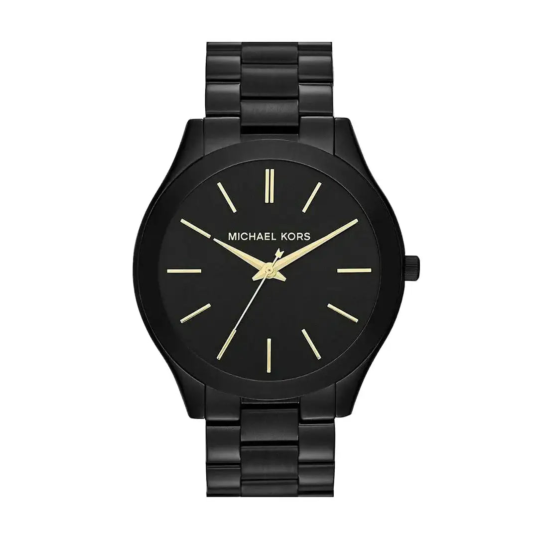 Michael Kors Slim Runway MK3221 black ion-plated stainless steel quartz watch with black dial and gold-tone markers on three-link bracelet