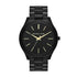 Michael Kors Slim Runway MK3221 black ion-plated stainless steel quartz watch with black dial and gold-tone markers on three-link bracelet