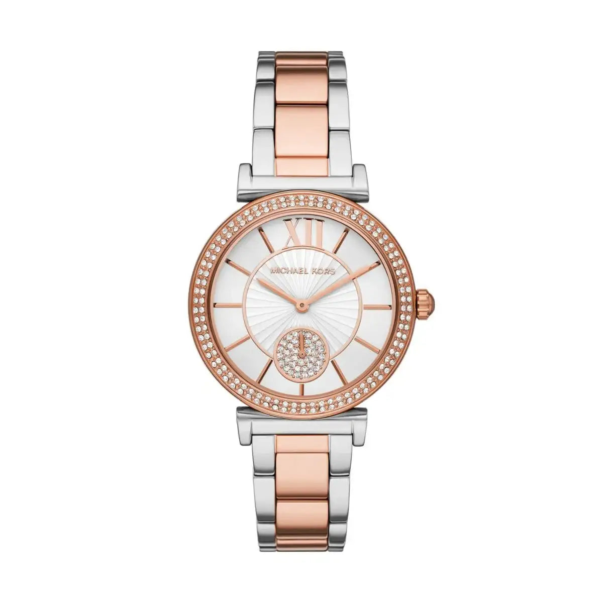 Michael Kors Abbey MK4616 women's quartz watch with white sunray dial, pavé crystal bezel, and two-tone rose gold stainless steel bracelet