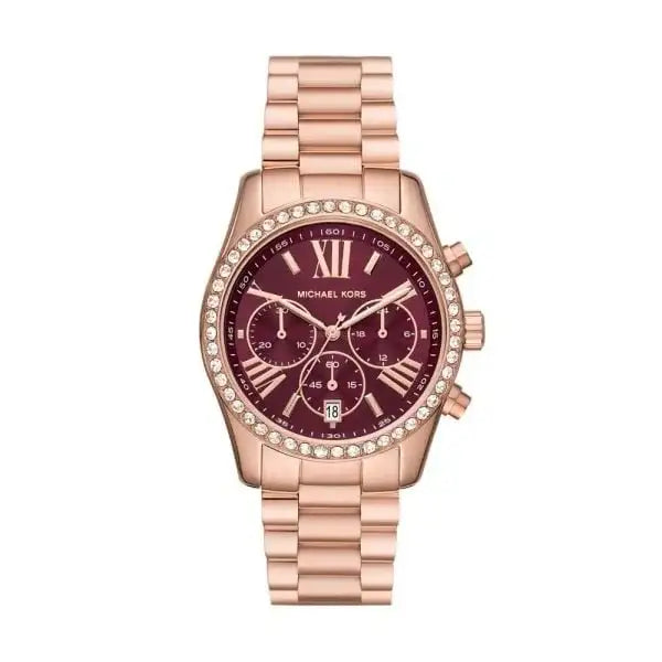 Michael Kors Lexington Lux MK7275 rose gold-tone chronograph watch with burgundy dial and crystal-set bezel on stainless steel bracelet
