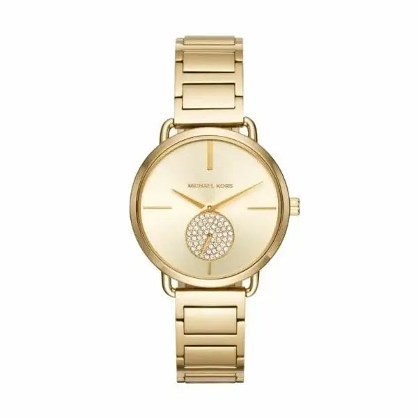 Michael Kors Portia MK3639 gold-tone quartz watch with champagne dial and crystal sub-eye on stainless steel bracelet