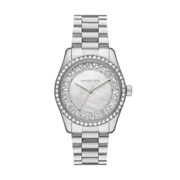 Michael Kors Lexington MK7445 stainless steel watch with mother of pearl dial and crystal-set bezel on matching bracelet
