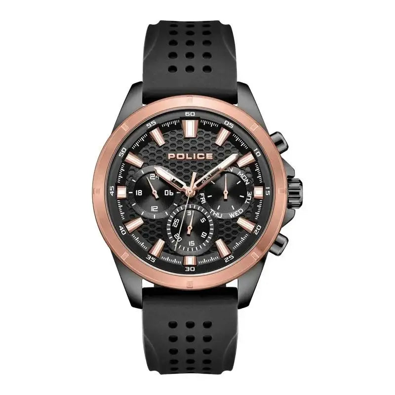 Police Motion watch with black honeycomb dial and rose gold-tone bezel