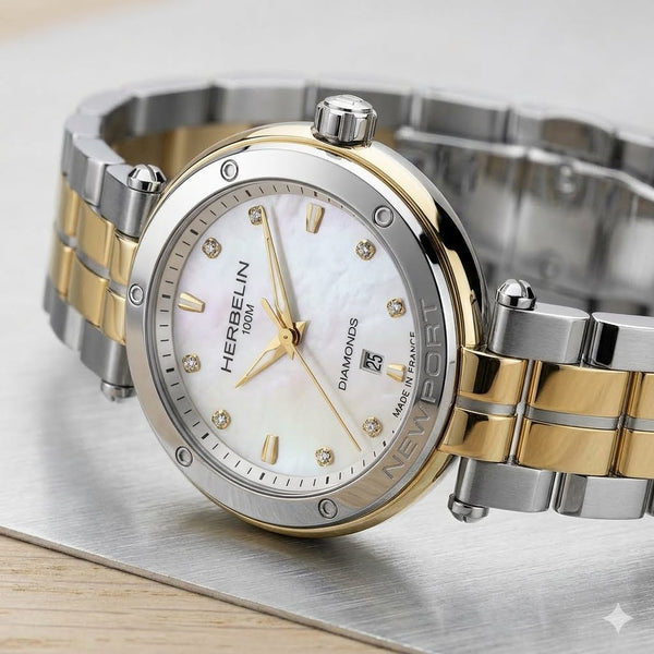 Newport – quartz date – steel and yellow gold PVD, mother-of-pearl & diamonds-14288BT89S