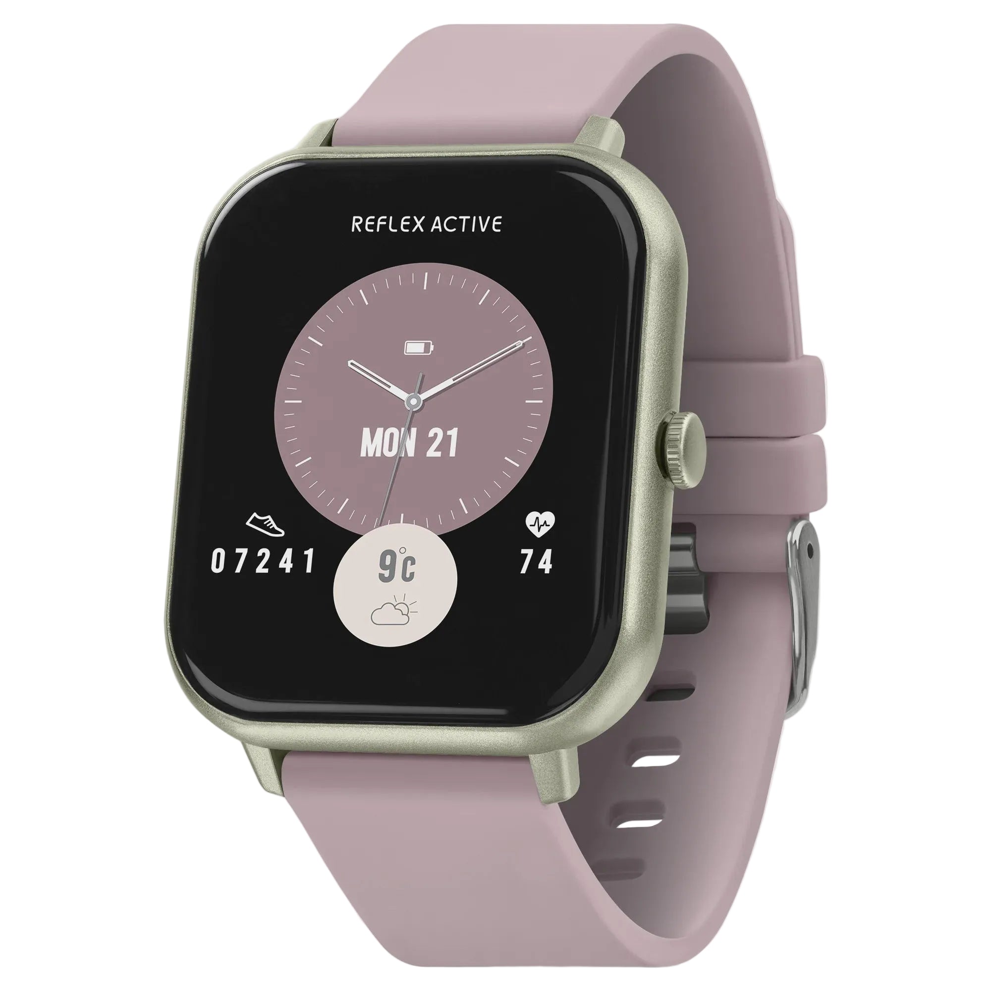 Reflex Active Nexus 100 S smartwatch with pink silicone strap and olive aluminium case displaying fitness tracking interface