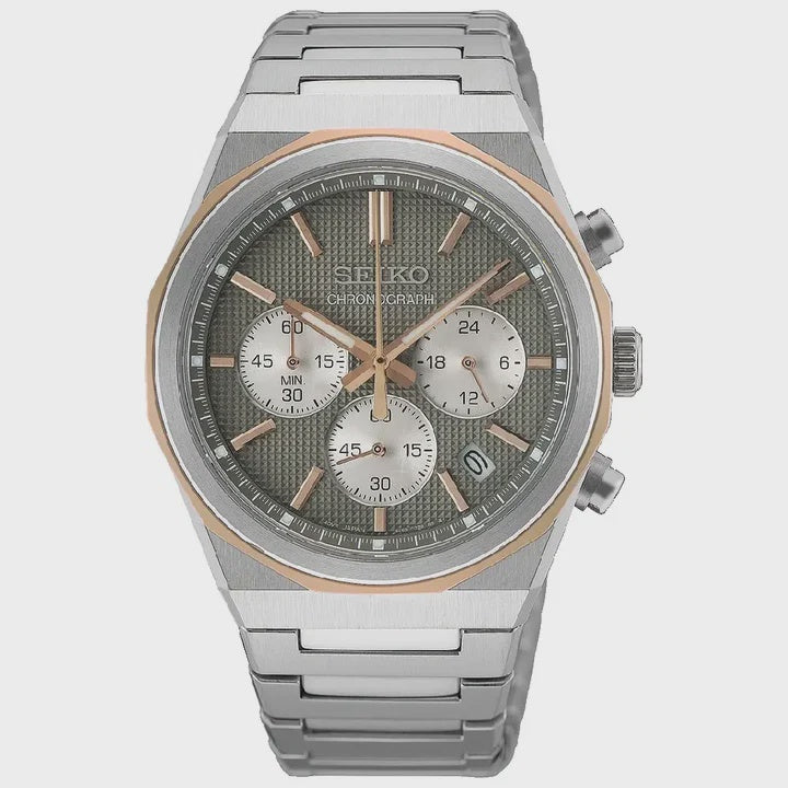 Seiko HGK002P1 quartz chronograph watch with 40mm two-tone stainless steel case, textured olive-grey dial, rose gold bezel, and integrated bracelet