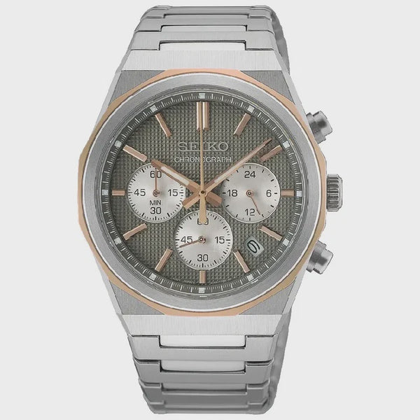 Seiko HGK002P1 quartz chronograph watch with 40mm two-tone stainless steel case, textured olive-grey dial, rose gold bezel, and integrated bracelet