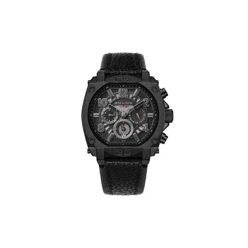 Police Norwood PEWJF0021903 black PVD chronograph watch with skeletonised dial and distressed leather strap