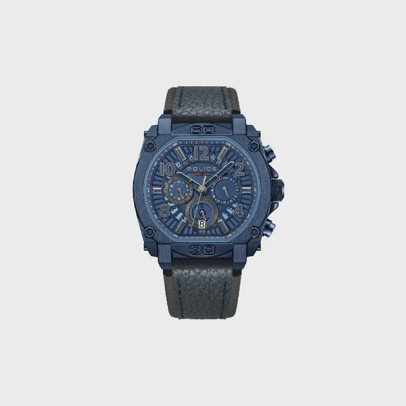Police Norwood PEWJF0021904 mens chronograph watch with blue ion-plated stainless steel case, skeleton dial, and black leather strap