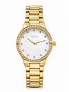 Obaku V317LEGWSG ladies quartz watch with white dial, crystal bezel, and gold-plated stainless steel bracelet, 32mm case