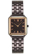 Obaku Graf Walnut V309LXXNSN quartz ladies watch with rectangular brown dial, rose gold-tone accents, and gunmetal grey stainless steel bracelet