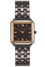 Obaku Graf Walnut V309LXXNSN quartz ladies watch with rectangular brown dial, rose gold-tone accents, and gunmetal grey stainless steel bracelet