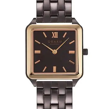 Obaku Graf Walnut V309LXXNSN quartz ladies watch with rectangular brown dial, rose gold-tone accents, and gunmetal grey stainless steel bracelet