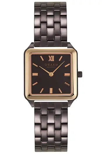 Obaku Graf Walnut V309LXXNSN quartz ladies watch with rectangular brown dial, rose gold-tone accents, and gunmetal grey stainless steel bracelet