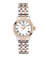 Tissot Classic Dream Lady 28mm two-tone stainless steel and rose gold PVD quartz watch with white Roman numeral dial and integrated bracelet