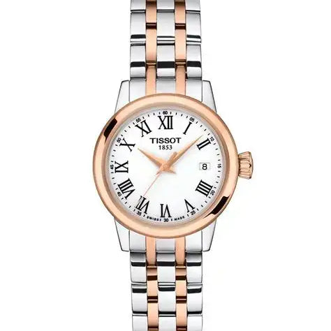 Tissot Classic Dream Lady 28mm two-tone stainless steel and rose gold PVD quartz watch with white Roman numeral dial and integrated bracelet