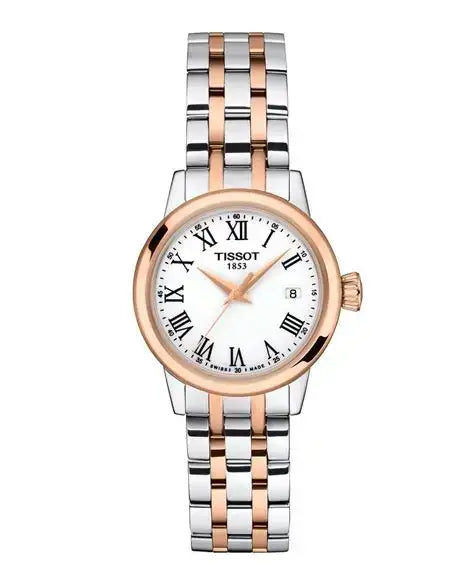 Tissot Classic Dream Lady 28mm two-tone stainless steel and rose gold PVD quartz watch with white Roman numeral dial and integrated bracelet