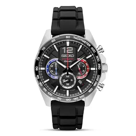 Seiko SSB347P1 quartz chronograph watch with black dial, tachymeter bezel, stainless steel case and black silicone strap