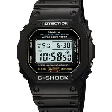 Casio G-Shock DW-5600E-1V black resin digital watch with square case and reverse LCD display